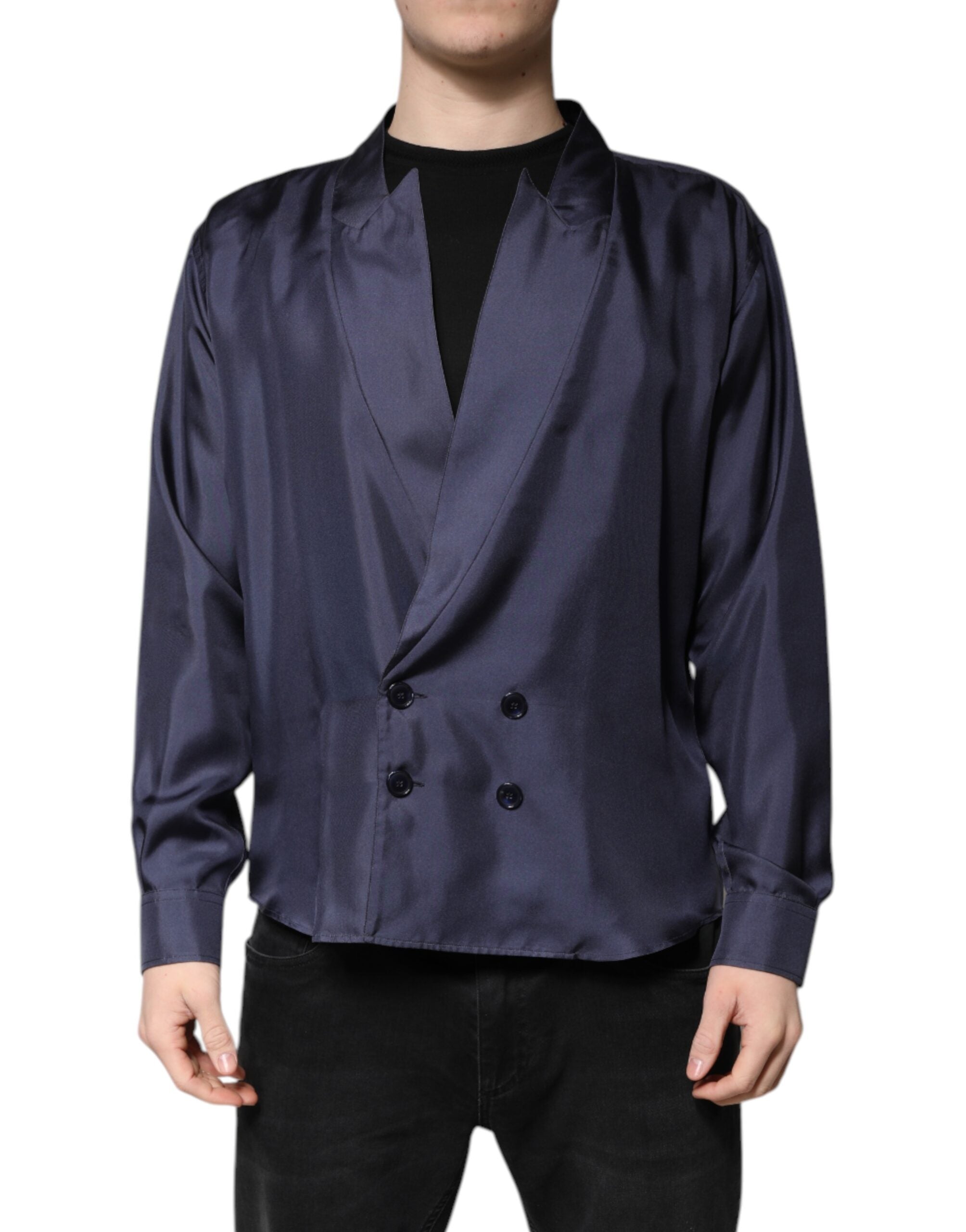 Dolce & Gabbana dark blue silk shirt in double-breasted look